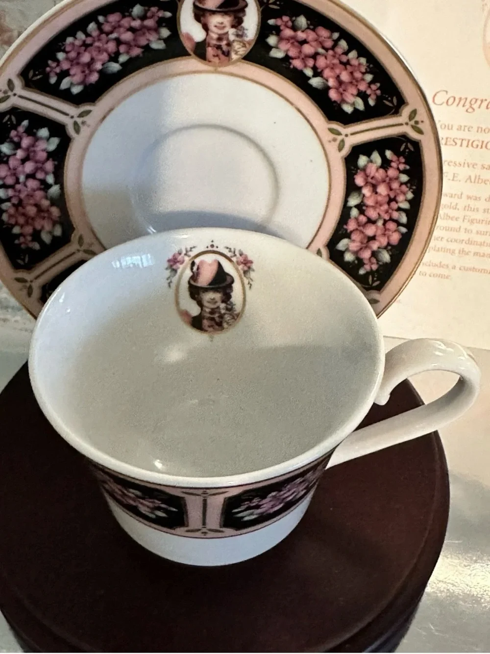 Avon Black Pink Floral Porcelain Teacup & Saucer with Gold Trim